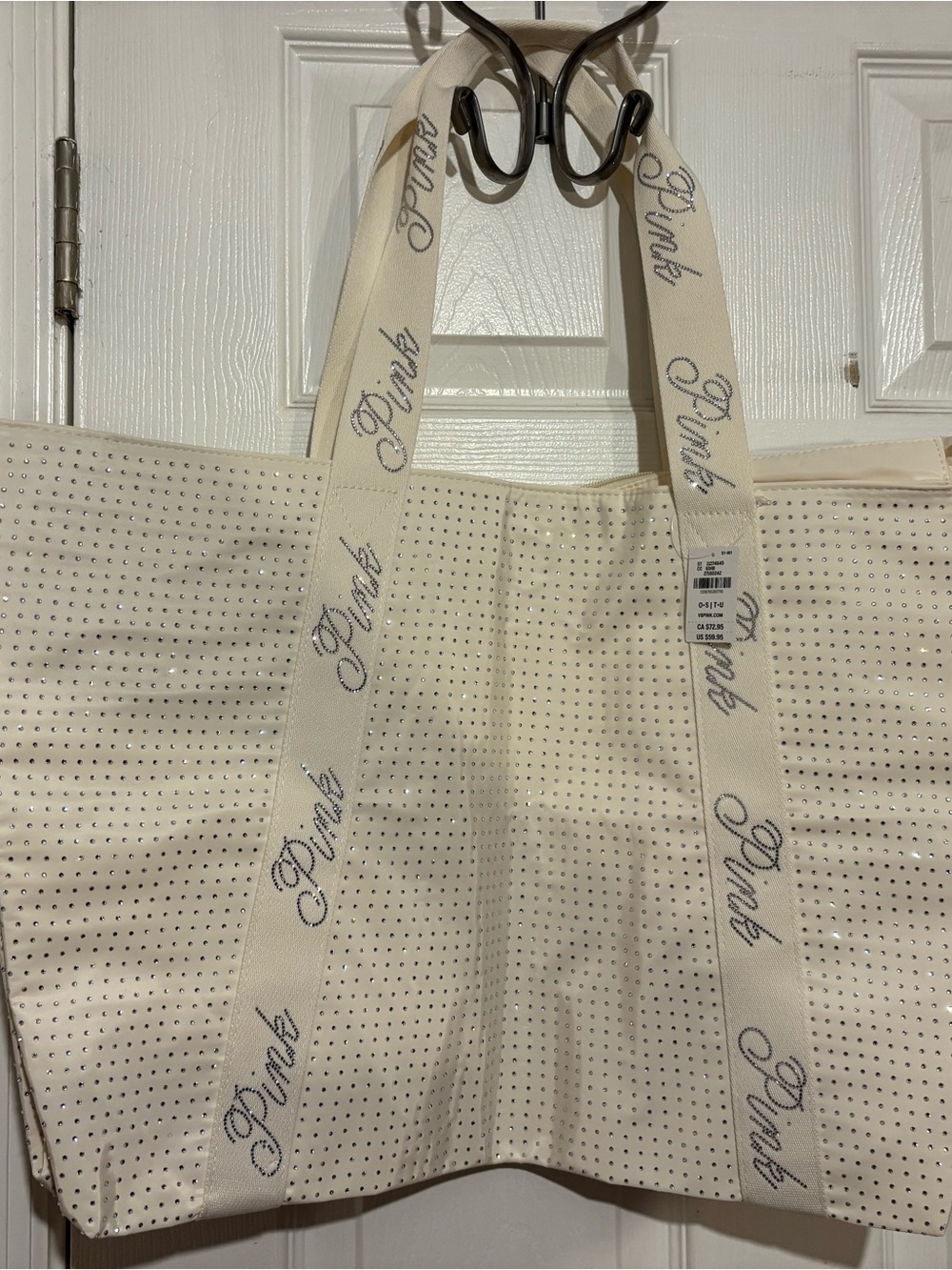 ‼️NWT-PINK Victoria's Secret Canvas Perforated Tote Bag in Cream/Rhinestones‼️